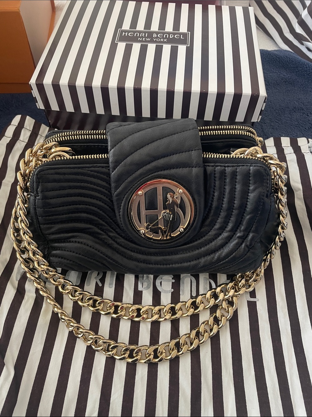 henri bendel Black Quilted Shoulder Bag with Gold Chain and Logo Medallion